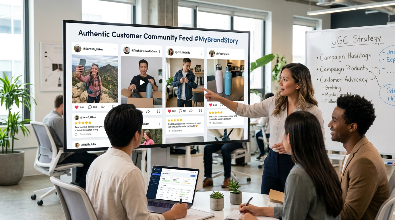 Marketing team reviewing user-generated content and social media posts on a large screen during a meeting