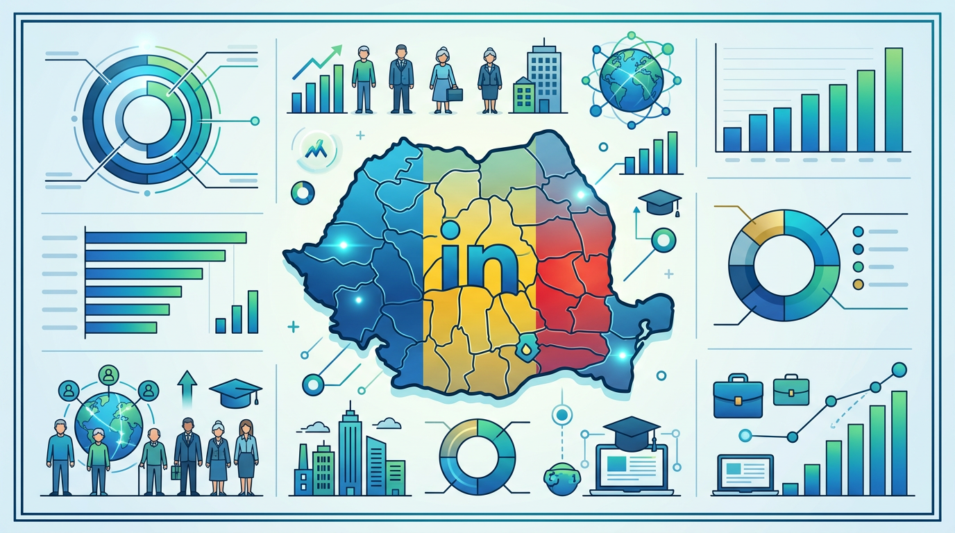 Map of Romania with LinkedIn logo in center surrounded by charts, graphs, and icons of people and education