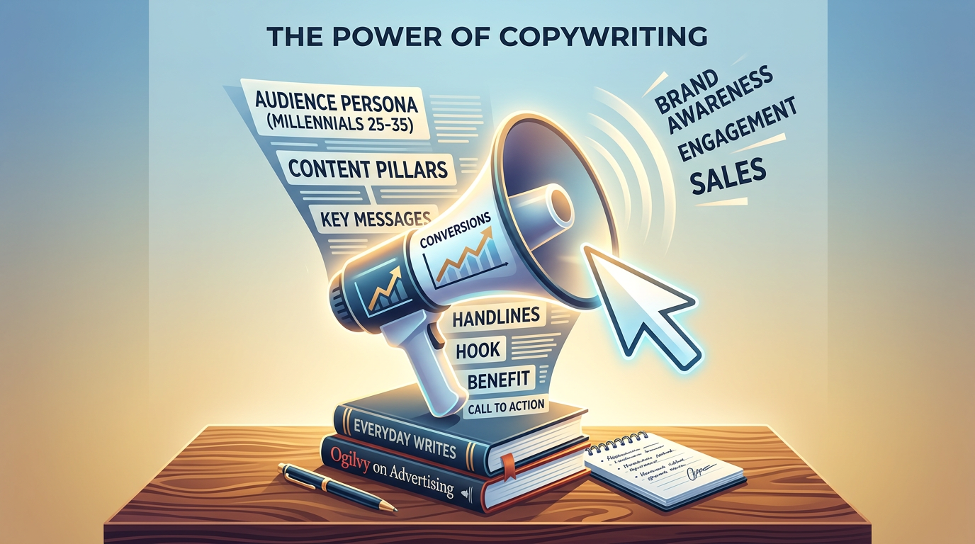Megaphone with key copywriting elements and outcomes like brand awareness and sales