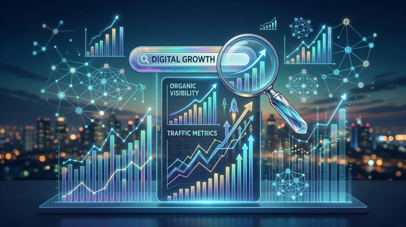 Search bar, magnifier, rising charts, network nodes