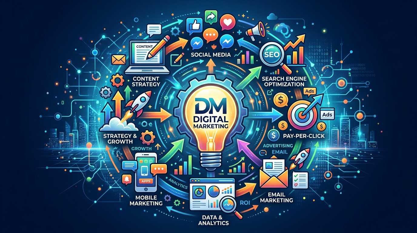Digital marketing concepts including content strategy, social media, SEO, pay-per-click, email marketing, mobile marketing, data and analytics, and growth strategies connected around a light bulb labeled Digital Marketing.