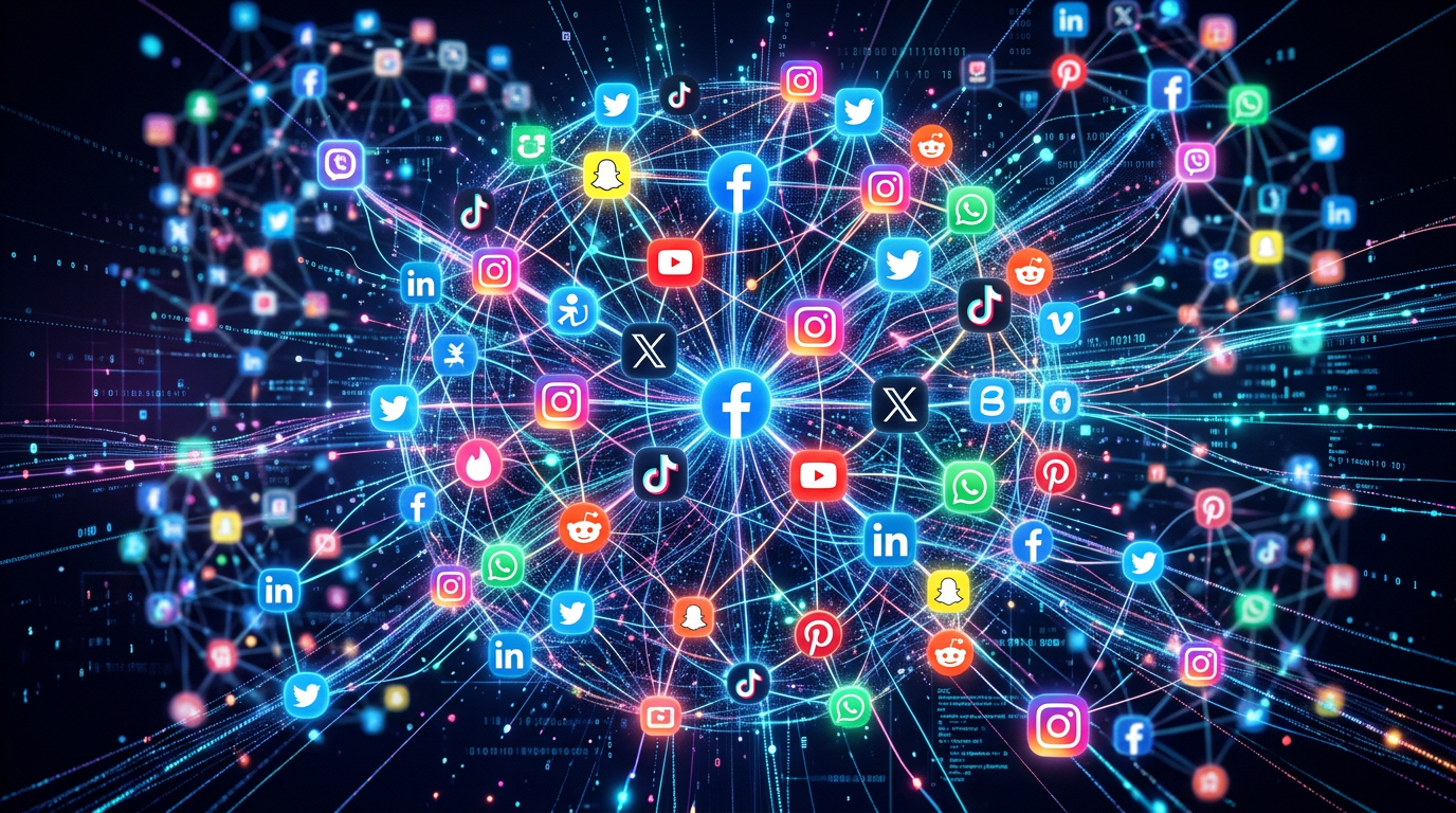 Interconnected social media icons abstract network