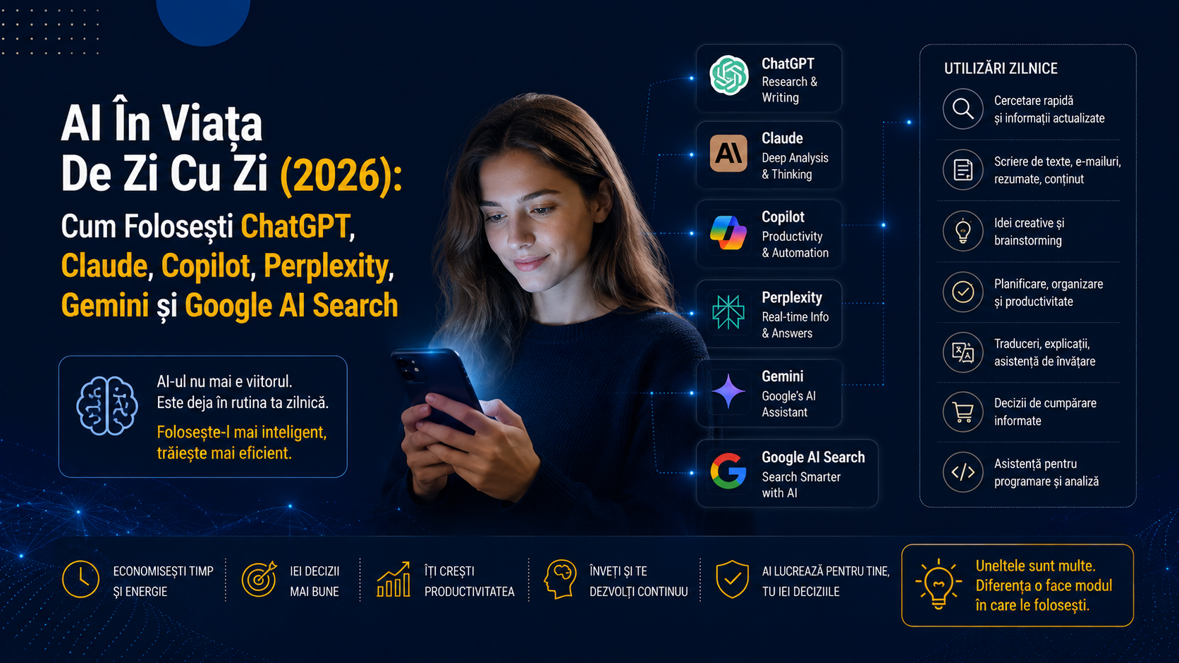 AI În Viața De Zi Cu Zi Cum Folosești ChatGPT, Claude, Copilot, Perplexity, Gemini și Google AI Search_Nicoleta Ion- Consultant AI Search GEO AEO AI Visibility